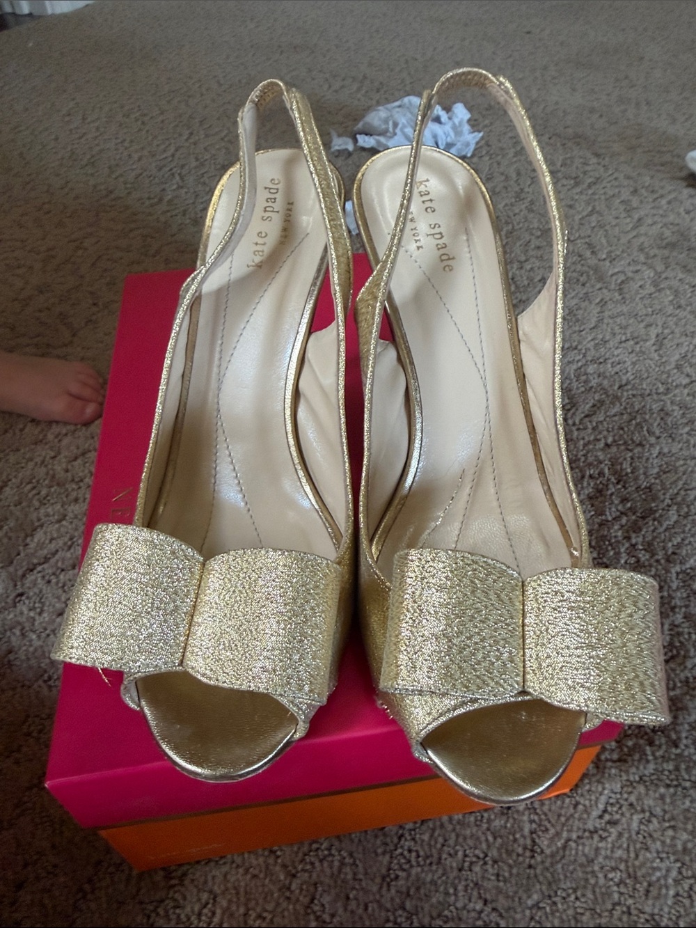 kate spade Gold Glitter Peep-Toe Slingback Heels with Bow Accent